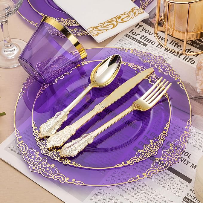 Bestluck 350PCS Clear Purple Plastic Plates for 50 Guests, Disposable Plates with Gold Trim include 50 Dinner Plates, 50 Dessert Plates, 150 Gold Silverware, 50 Cups, 50 Napkins for Party, Wedding