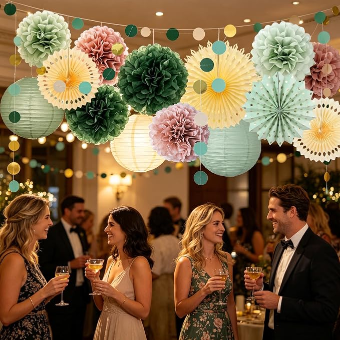 Sage Green Pink Party Decorations,Paper Fans Lanterns Pom Poms with Circle Garland，Sage Green and Dusty Pink Party Theme Supplies for Girl Birthday Baby Shower Bridal Shower Wedding