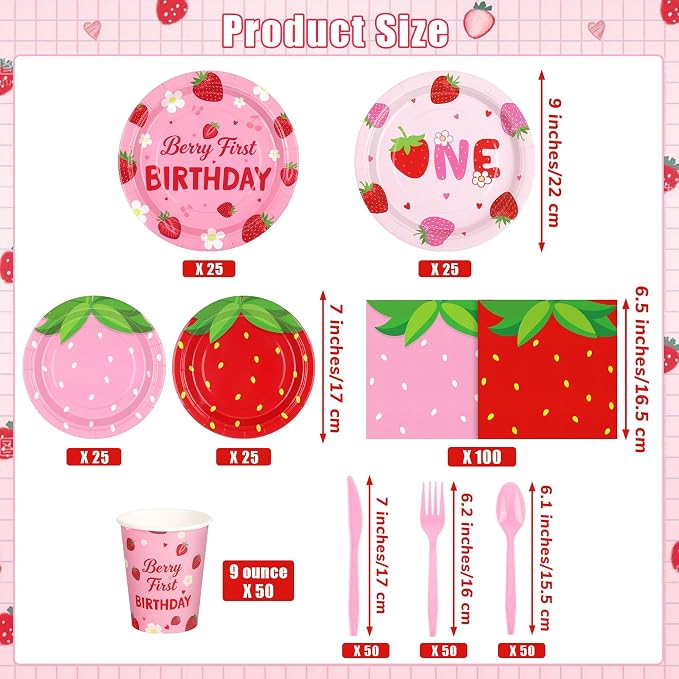 Kochorie 400 Pieces Strawberry Disposable Tableware Sets, Summer Fruit Party Supplies with Strawberry Birthday Party Plates Cups Napkins Cutlery Serves 50 for Berry First Birthday Decorations