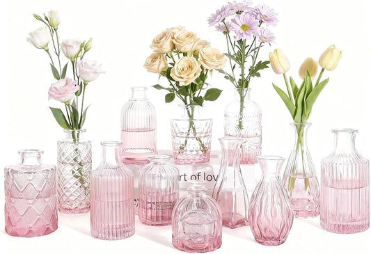 Mini Bud Vases Centerpieces for Tables,Clear Bud Vases for Flowers,Small Flower Vases Suitable for Birthday Party,Anniversary,Wedding Reception,Baby Shower (GradPink, 12PCS)