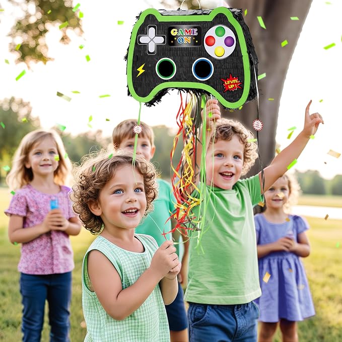 WERNNSAI Foldable Video Game Piñata - Pull String Gaming Birthday Party Supplies Extendable Piñata with Blindfold Bat and Tassels Game On Birthday Party Decoration Folding Piñatas for Classroom Game