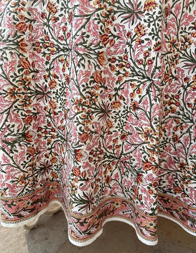 Ridhi Round Tablecloth Hand Block Print 100% Cotton Reusable Sassy Salmon and Emerald Green 132 Inch Table Cover Decorative Everyday Use for Dining, Home, Farmhouse Gift for Spring, Mother's Day
