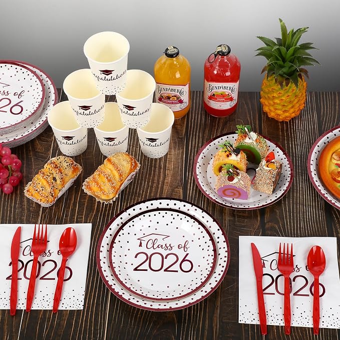 350pcs Class of 2026 Graduation Plates and Napkins Set, Disposable Paper Plate Set Polka Dots Napkins Cups Knife Fork Spoon for Graduation Party Decorations and Supplies,Serve 50 (White Maroon)