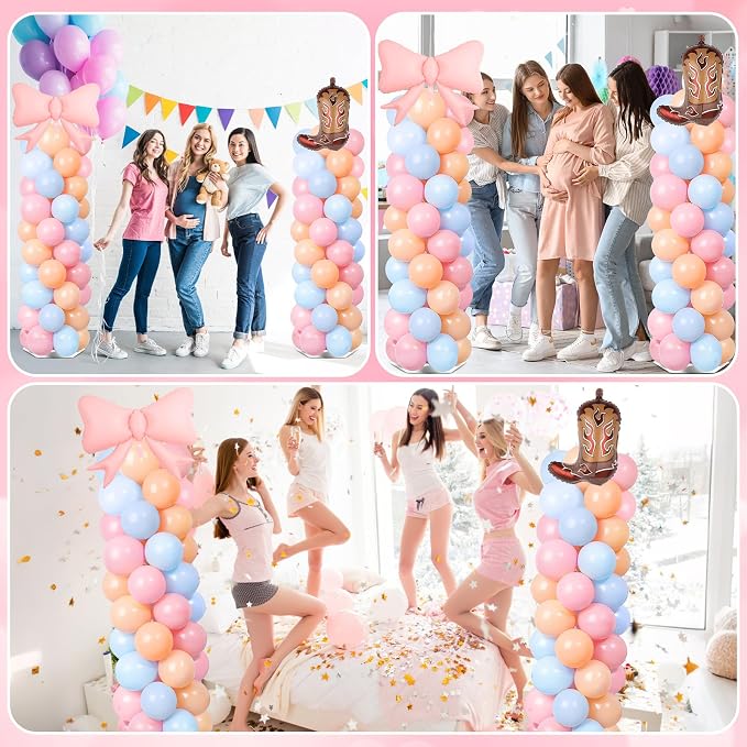 2 Sets Boots or Bows Gender Reveal Decoration Balloon Column Stand Kit with 102 Blue Pink Balloons 5.57ft Balloon Tower Stand with Base Arch for Western Cowgirl Cowboy Baby Shower Party Decor Supplies