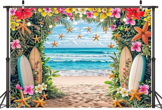 6x4ft Summer Hawaiian Beach Backdrop Tropical Flower Flamingo Palm Leaves Surfboard Backbrops Photography Background for Aloha Luau Theme Party Decorations Banner Photo Props