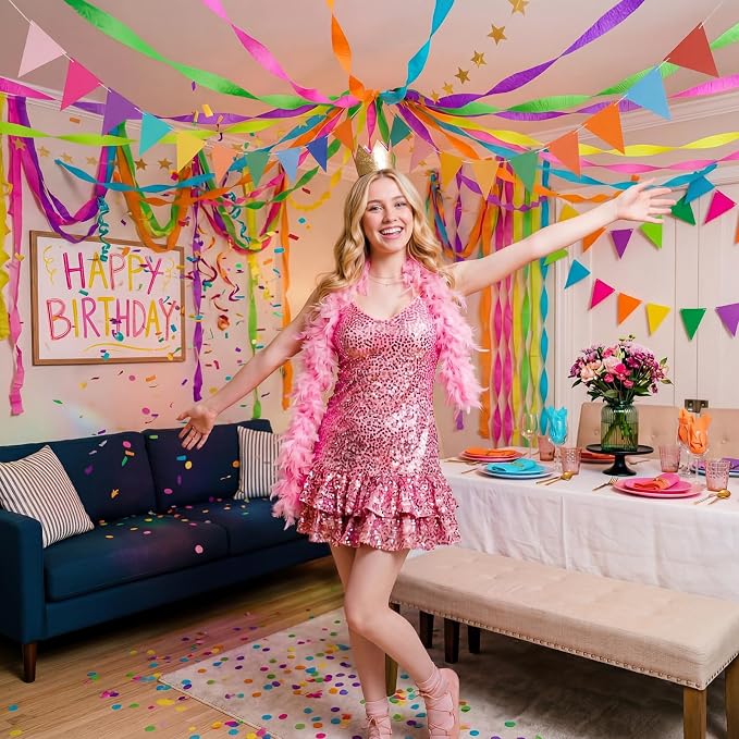 Frienda 14 Pcs Rainbow Party Decorations Set 492 ft Colorful Crepe Paper Streamers, 52.8ft Gold Star Garlands Backdrop and 4 Pennant Banner Flags for Wedding Birthday Fancy Party Hanging Decorations