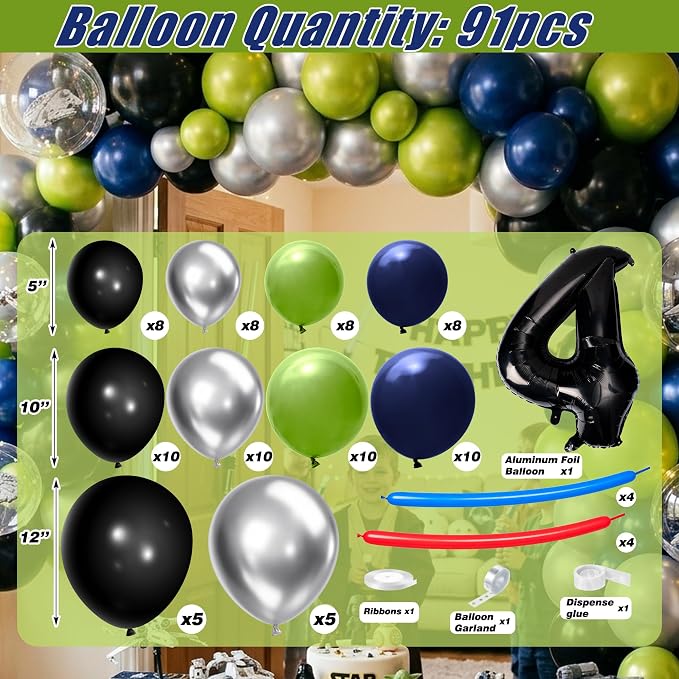 Galaxy Star 4th Birthday Decorations Set - Space Themed Party Favor | With Arch Balloon, “4” Balloon, Backdrop, Tablecloth, Birthday Hat, Cake Topper, Banner, Sash, Poster, Balloon Boxes, Cards