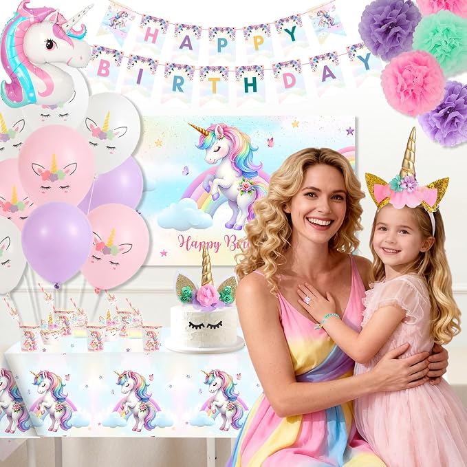 191 Pc Unicorn Birthday Decorations for Girls – Complete Unicorn Party Decorations Supplies Kit with Backdrop, Banner, Plates, Napkins, Balloons, Headband, Tablecloth – Rainbow Party For Kids