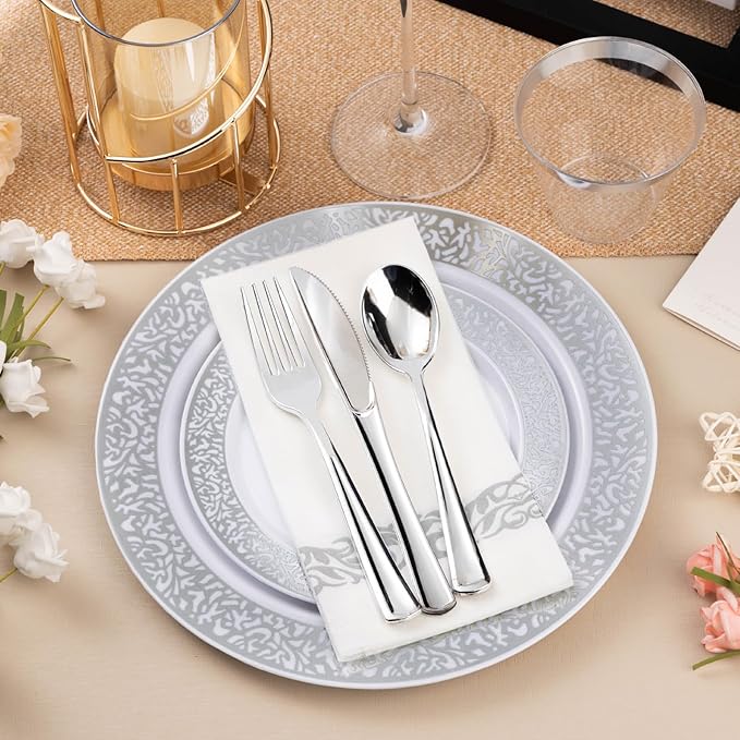 Bestluck 700PCS Silver Plastic Dinnerware Set for 100 Guests, Disposable Plates for Party, Include 100 Dinner Plates, 100 Dessert Plates, 100 Set Silver Silverware, 100 Cups, 100 Napkins