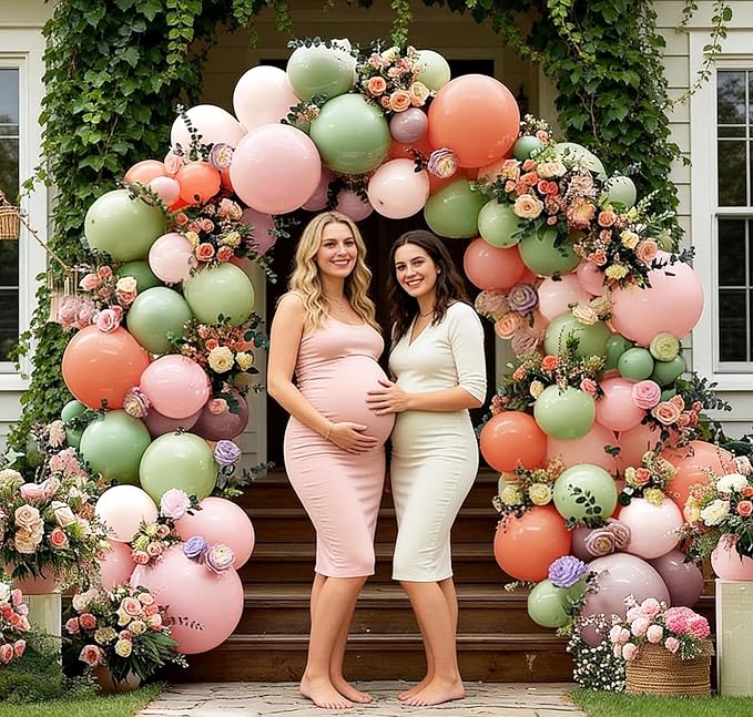 Pastel Green Pink Balloon Arch Double Stuffed Pink Dusty Green Mauve Peach Blush Balloon Garland Kit Artificial Flower Leaves for Baby Shower Wedding Birthday Floral Princess Easter Tea Party Decor