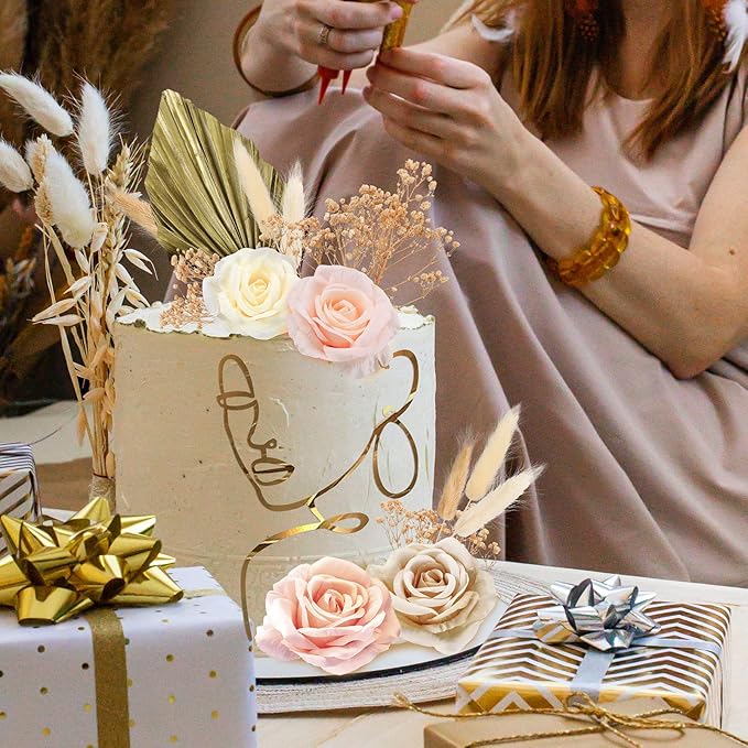 21 Pcs Boho Cake Topper Decorations Acrylic Minimalist Art Lady Gold Face Vintage Artificial Rose Flower Wedding Cake Toppers for Wedding Bridal Shower