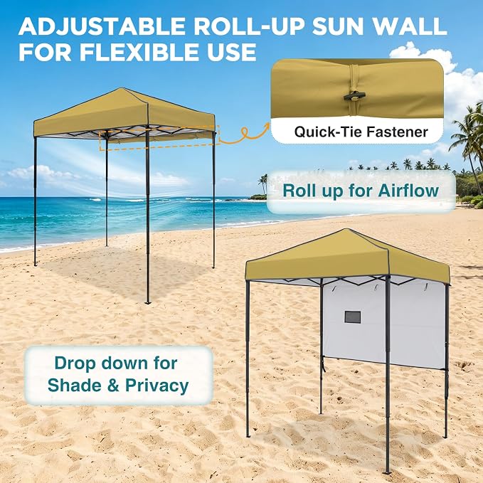 EAGLE PEAK 6x4 Instant Pop Up Canopy Tent with 1 Half Wall Panel, Straight Leg Sun Shelter, Portable Canopy with Carry Bag for Camping, Beach & Sports, Beige