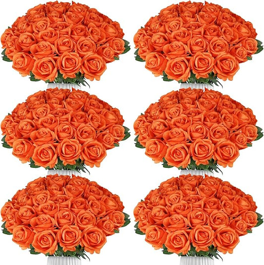 90pcs Roses Artificial Flowers Silk Orange Artificial Flowers Petals Long Stem Roses for Wedding Bouquet Home Party Decor