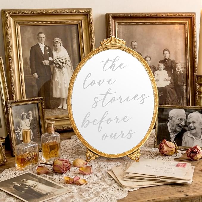 Bucherry Vintage Love Wedding Sign The Love Stories Before Ours Mirror Plaque Elegant Resin Frame with Mirror 10.6" x 7.9" Baroque Reception Decor Gold Table Centerpiece