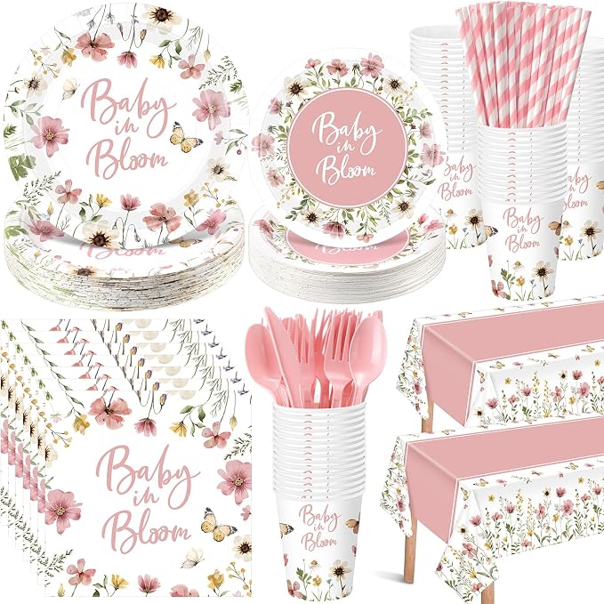 LemonRoad 452 Pcs Pink Baby in Bloom Decoration for 50, Floral Girl Baby Shower Paper Plates Napkins Cups Tablecloth Cutlery Straws Disposable Tableware for Spring Wildflower Babys Shower Party Supply