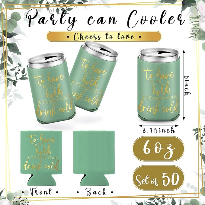 Hoteam 25 Sets Wedding Party Favors for Guests Bulk Including Can Cooler and Paper Folding Fans with Wedding Decor Table Sign Cheers to Love for Bridal Shower Party Souvenir(Classical,Green)