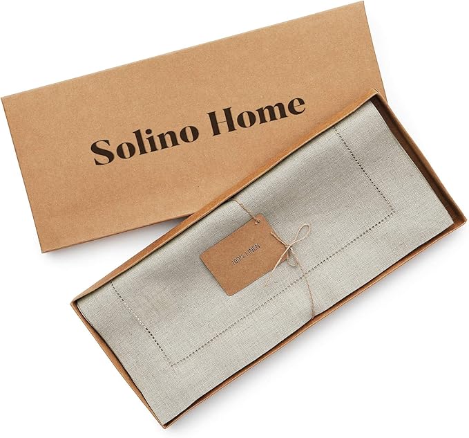 Solino Home Linen Natural Table Runner 48 Inches - Classic Hemstitch, 100% Pure Linen Coffee Table Runner 14 x 48 Inch Ideal for Dresser Tables - Spring, Summer, Mothers Day