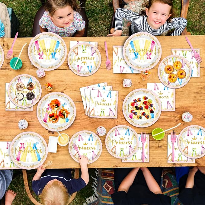 96Pcs Princess Birthday Party Decorations Princess Themed Tableware Castle Dress Plates Napkins Forks Crown Dinnerware Party Supplies for Girls Bridal Engagement Baby Shower Serve 24 Guests