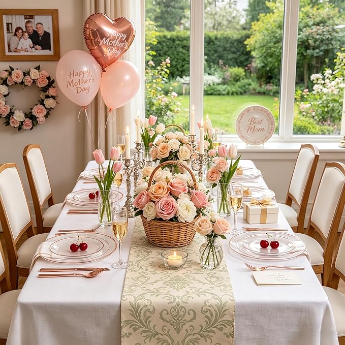 GATHER 350PCS Rose Gold Plastic Plates - Disposable Rose Gold Dinnerware Includes 100 Clear Rose Golds Rimmed Plastic Plates, 150 Silverware, 50 Napkins, 50 Cups for Party, Wedding, Mother's Day