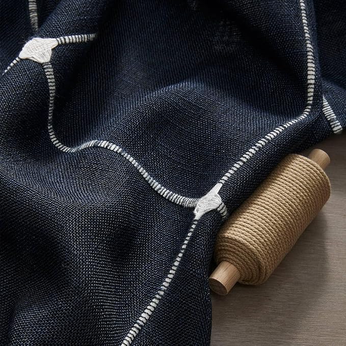 ZeeMart Grid Embroidered Hemmed Tablecloths, Navy 60x120 Inch, Farmhouse Style Heavy Weight Cotton Linen Navy Blue Tablecloths, Boho Plaid Water Resistant Rectangle Table Cloth