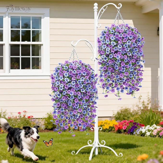 Artificial Hanging Flowers for Outdoors Spring Summer Decoration, 8PCS UV Resistant Silk Fake Hanging Plants for Patio Porch Front Yard Window Garden Indoor Decor(Blue&Purple,8PCS)