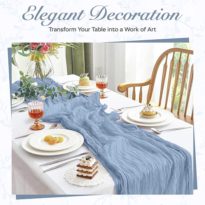 Cheesecloth Table Runner 8 Pack – 35x120 Inch (10ft) Boho Rustic Gauze Cloth Runners – Crinkle Polyester Table Decor for Wedding, Baby Shower, Bridal Shower, Birthday Party and More (Dusty Blue)