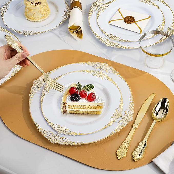 Bestluck 350PCS Gold Plastic Plates for 50 Guests, Disposable Dinnerware Sets Include 100 Gold Rim Plastic Plates, 50 Silverwares, 50 Cups, and 50 Pre Rolled Napkins for Party, Wedding, Graduation