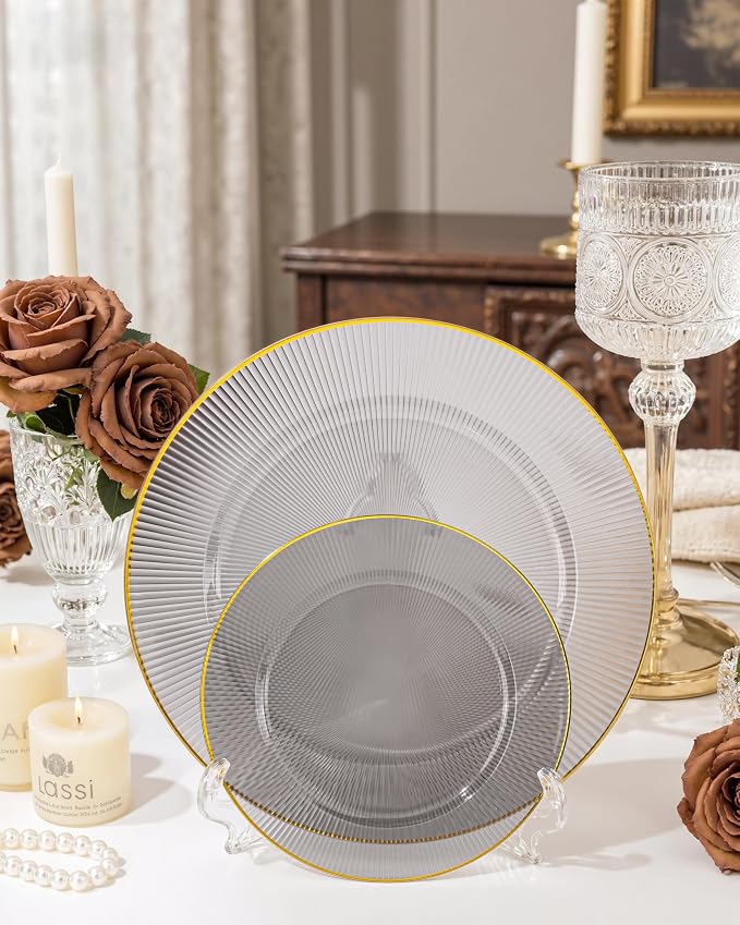 Hioasis 60pcs Black and Gold Plastic Plates - Black Disposable Dinnerware Set, 30pcs Dinner 10in & 30pcs Dessert 7in Plates with Striped Designs for Party & Wedding