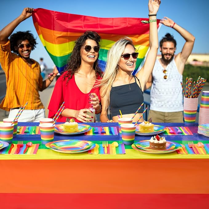 Funnymoom 452 Pcs 50 Guests Pride Party Supplies Decoration, Rainbow Pride Paper Plates Napkins Cups Tablecloth Cutlery Straws Gay Lgbt Disposable Tableware Sets for Rainbow Birthday Table Decoration