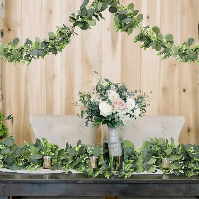 2pcs Artificial Eucalyptus Garland, 5.9FT Greenery Garland Vines Decoration, Faux Silver Dollar Eucalyptus Leaves for Table Home Wedding Mantle Party Indoor Decor
