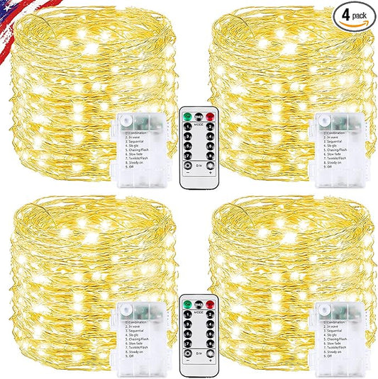 4Pack 132FT 400LED Fairy Lights Battery Operated with Remote & Timer | 8 Modes Twinkle String Lights Battery Powered Indoor Outdoor Waterproof for Bedroom Wedding Classroom Christmas Décor, Warm White