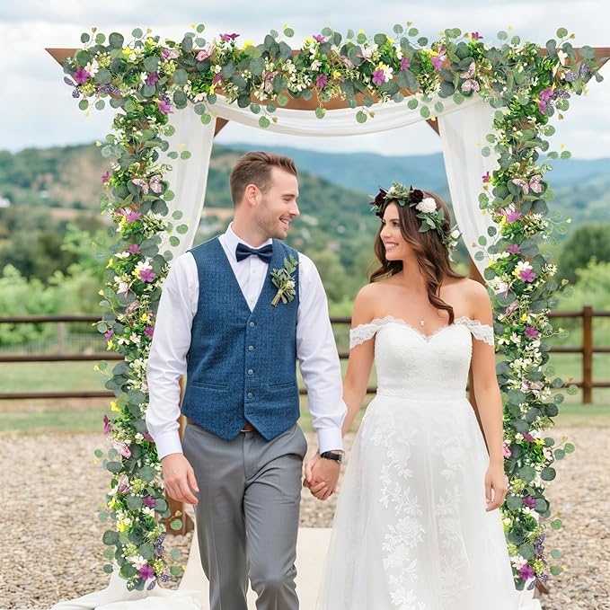 4PCS Artificial Daisy Garland with 3D Butterfly 5.68FT Fake Wildflower Garland Spring Flowers Garlands Greenery Eucalyptus Floral Vines for Home Table Mantle Wedding Backdrop Decor