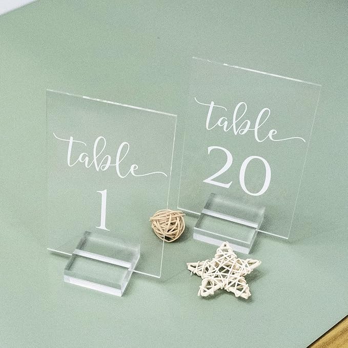 JINMURY Acrylic Wedding Table Numbers 1-30 with Stand- 4x6 Inch Clear Sign Printed Calligraphy Font, Acrylic Table Numbers with Holder Base for Wedding Party Reception