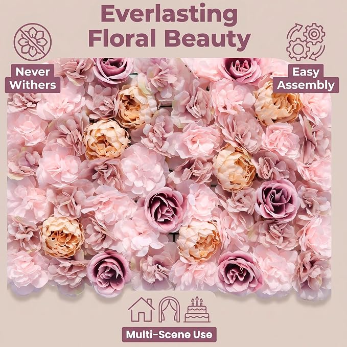 3D Flower Wall Backdrop 6 Pack, 24x16 Inch Coffee & Pink Artificial Rose Panels for Wedding, Party, Photo Studio, Home & Fence Decor