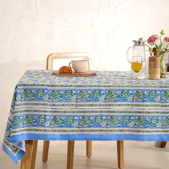 Hand Block Printed Tablecloth, Colorful Floral Print, Indian Artisan Handmade Art, Dining Room, Kitchen, Outdoor Décor, (Dusky Leaf Whisper, 8 Seater 72 x 108 Inches Rectangle)