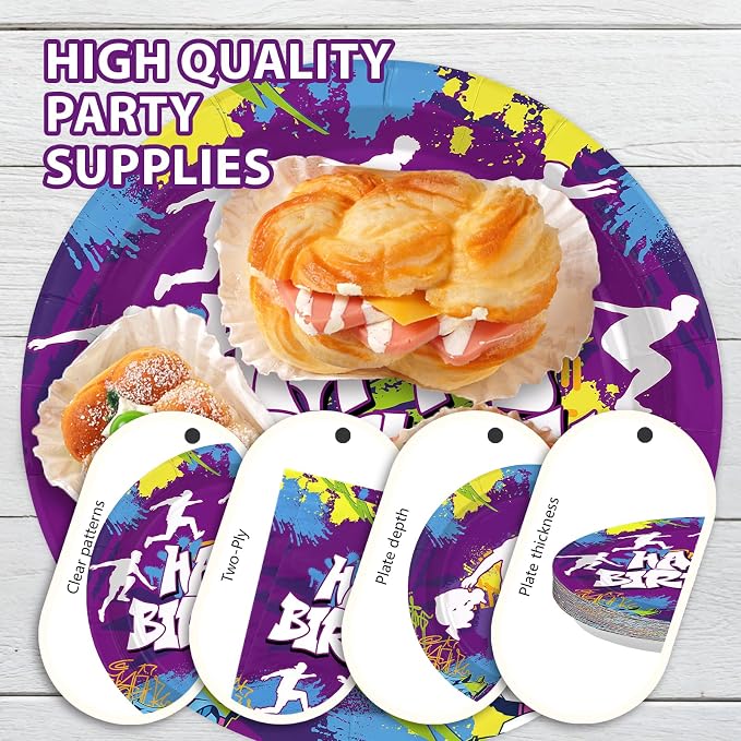 96Pcs Parkour Birthday Party Decorations Purple Happy Birthday Plates and Napkins Parkour Theme Tableware Set for Men Women Extreme Sports Run and Jump Party Supplies Serves 24