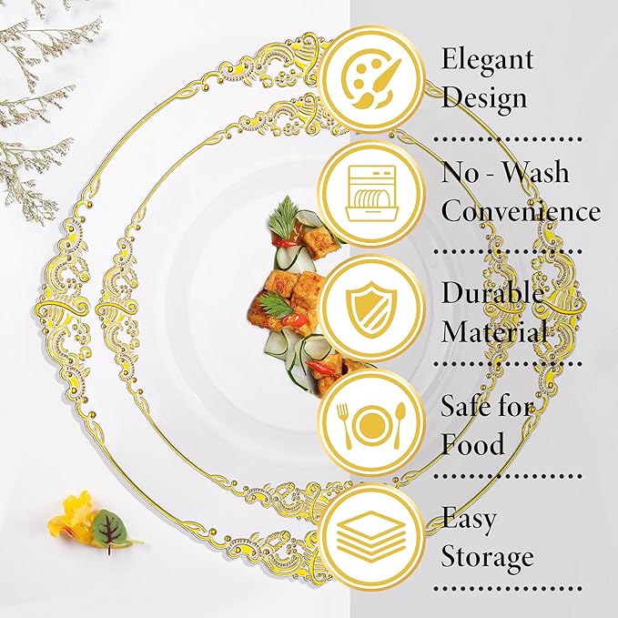 Nervure 100PCS Clear and Gold Plastic Plates - 10.25Inch Gold Disposable Plates - Heavyweight Dinner Plate for Wedding & Party