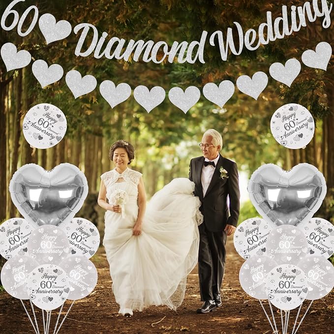 60th Diamond Wedding Anniversary Decorations, Glitter Banner, Cake Topper, Hanging Swirl, Silver Heart-shaped Love Foil Balloons, Festival Celebration Party Supplies Sets