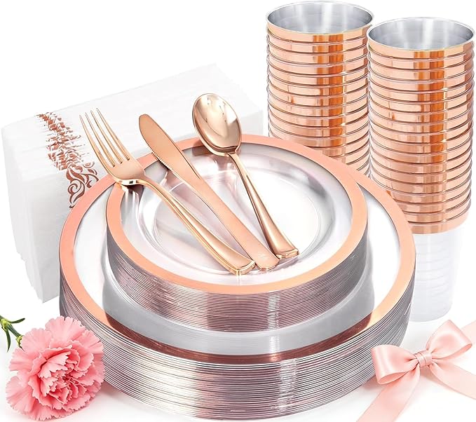 YOUBET 175PCS Rose Gold Plastic Plates - Clear Plastic Plates Disposable with Rose Gold Rim includes 50 Rose gold plates, 25Forks, 25Knives, 25Spoons, 25Cups, 25Napkins for Party & Wedding
