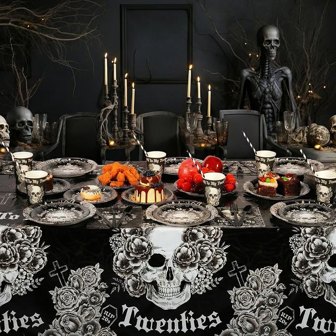 Funnymoom 452 Pcs Black and Silver Death to My 20s Decoration Serves 50, Rip 20s Paper Plates Napkins Cups Tablecloth Cutlery Straw for Men Women Death to My Twenties 30th Birthday Party Supplies