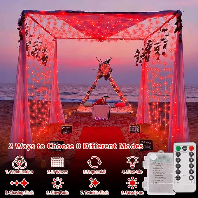 YEGUO Battery Operated String Lights, 2 Pack Each 33ft 100 LED Twinkle Fairy Lights Outdoor Waterproof, 8 Modes Clear Wire Red Christmas Lights Indoor with Remote