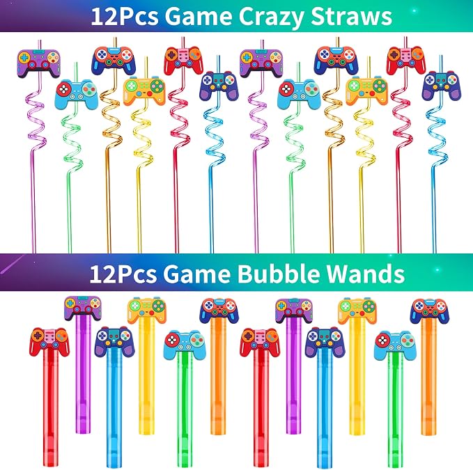 PLOUGVI 320PCS Video Game Party Favors for Kids-Including Goodie Bags, Glasses, Straws, Bubble Wands, Stickers, Cake Toppers, Tattoos & More-Perfect for Theme Party Decorations & Piñata Fillers