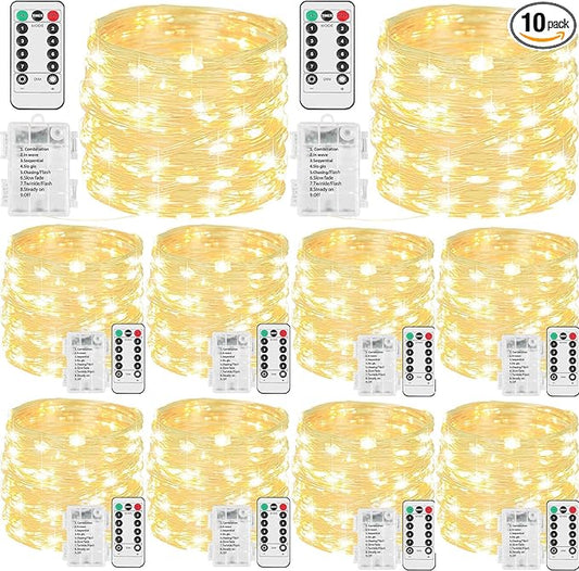 Beieverluck 10 Pack 33FT 100 LED Fairy Lights Battery Operated Fairy Lights with Remote and Timer Waterproof String Lights Outdoor Indoor for Bedroom Wedding Christmas Decorations, Warm White