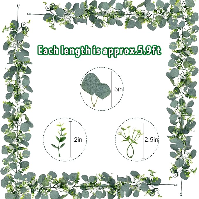 Waipfaru 4Pcs Eucalyptus Garland, 5.9FT Greenery Garland, Green Garland with Flowers, Artificial Faux Silver Dollar Eucalyptus Leaves Vines for Table Home Wedding Mantle Party Indoor Outdoor Decor