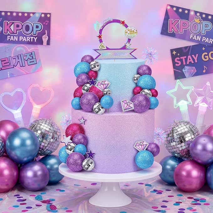 Sanwuta 77 Pcs Kpop Theme Party Cake Topper Set Disco Ball Glitter Ball Star Diamond Insert Foil Fireworks and Cake Standee for Kpop Theme Birthday Graduation Music Lover Decors