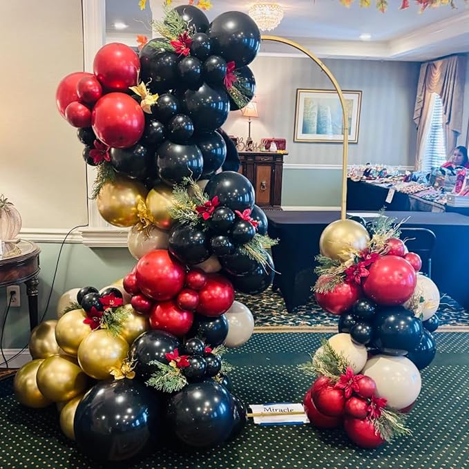 Double Stuffed Burgundy Gold Black Balloon Arch Kit, Maroon Nude Balloon Garland Kit Dark Red Apricot Garnet Wine Red Latex Balloons for Graduation Birthday Anniversary Wedding Party Decorations