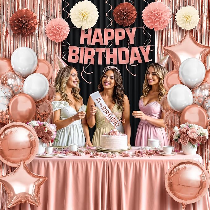 KatchOn, Rose Gold Birthday Decorations Set - Pack of 47 | Banner, Balloons, Pompoms, Headband, Sash & Fringe Curtains | Birthday Decorations for Women Girls | Girls Birthday Party Decorations