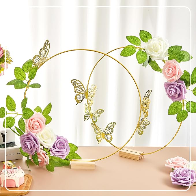Vercraft 12 Set butterfly Metal Floral Hoop Table Centerpieces Include Metal Ring with Base 3D Butterfly Decoration, PE Foam Flower, Adhesive Dots, Gold Wires for DIY Wedding Baptism Party(Round)