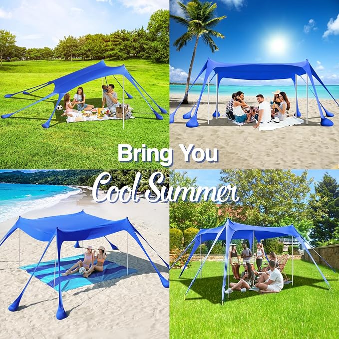 Rhino Valley Beach Tent, 10 x 10 FT Beach Shade UPF50+ Protection, BeachCanopy with 8 Sandbags 4 Stability Poles, Outdoor Beach Tent Sun Shelter Umbrella for Sand, Camping, Fishing Essentials, Indigo