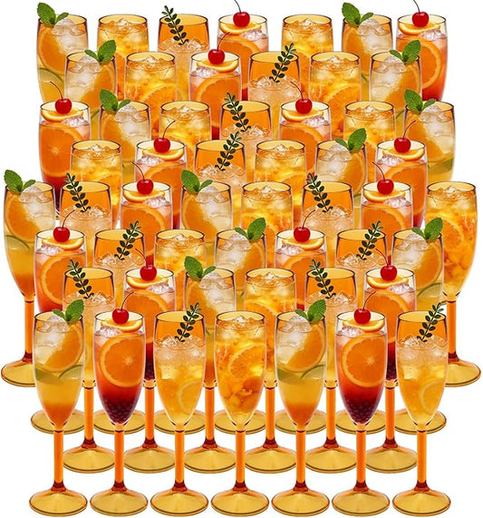 48 Pcs Champagne Flutes 5.4OZ Plastic Champagne Glasses Wine Glasses Plastic Goblets for Parties Mimosa Bar Glasses Stemmed Drinking Cups for Wedding Celebration Christmas Birthday Bride (Clear Amber)